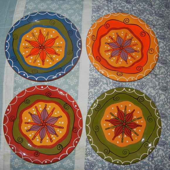 4 Pier 1 Hand Painted Stoneware Plate Swirls & Flower Earthtones - Picture 1 of 6